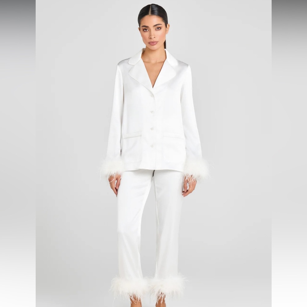NADINE MERABI White Feather Trim Pajama Set